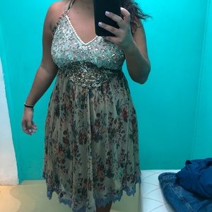 Italian sequin floral lace halter dress